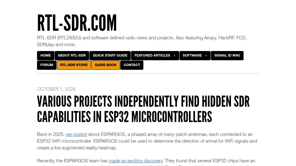 Screenshot of rtl-sdr.com: Various Projects Find Hidden SDR Capabilities in ESP32 Microcontrollers