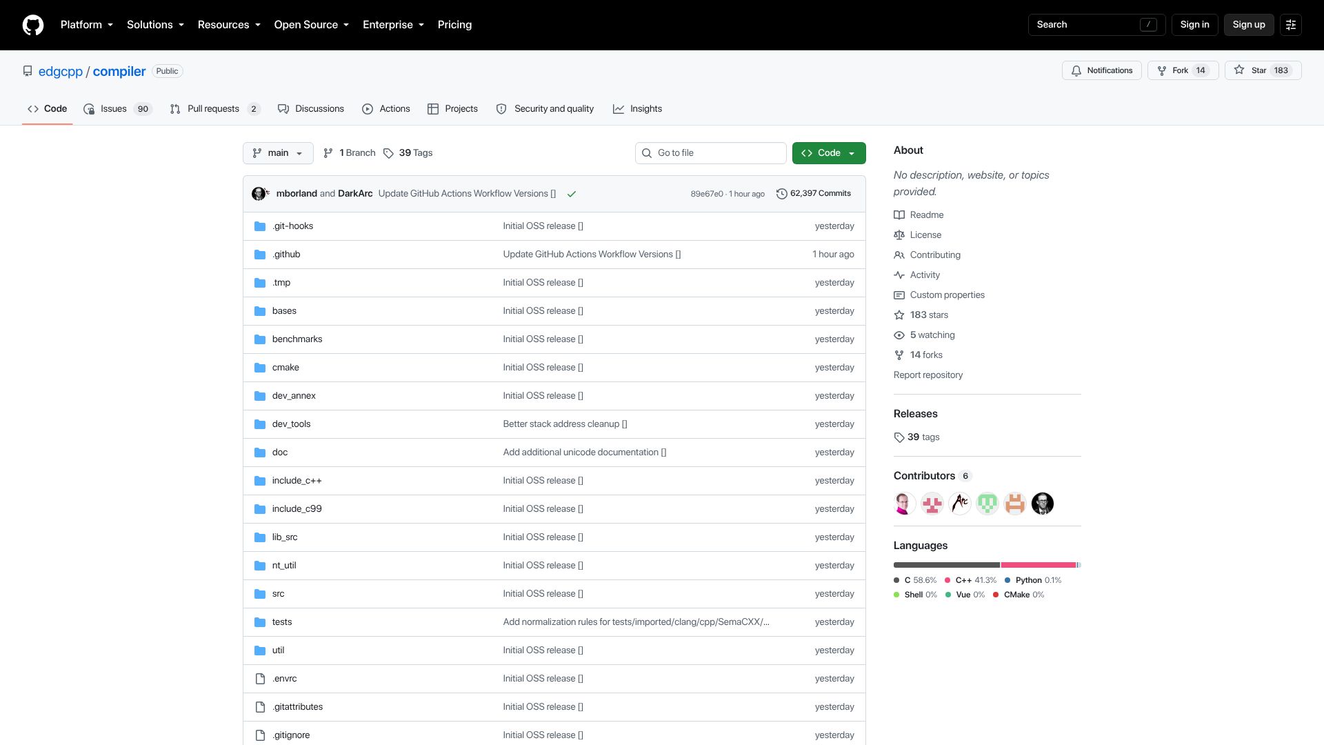 Screenshot of github.com: EDG C++ Compiler is open source