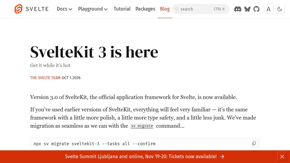 Screenshot of svelte.dev: SvelteKit 3