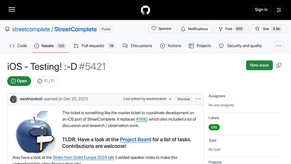 Screenshot of github.com: StreetComplete on iOS is now in public beta