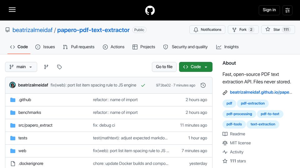 Screenshot of github.com: Lightweight PDF parser with layout, tables, formulas and bounding boxes