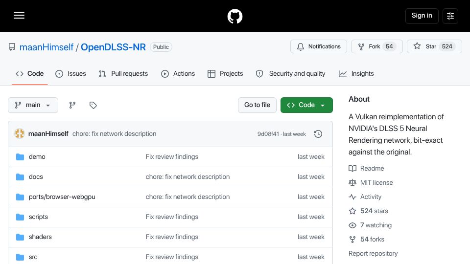 Screenshot of github.com: OpenDLSS: A Vulkan Reimplementation of Nvidia's DLSS 5 Neural Rendering Network