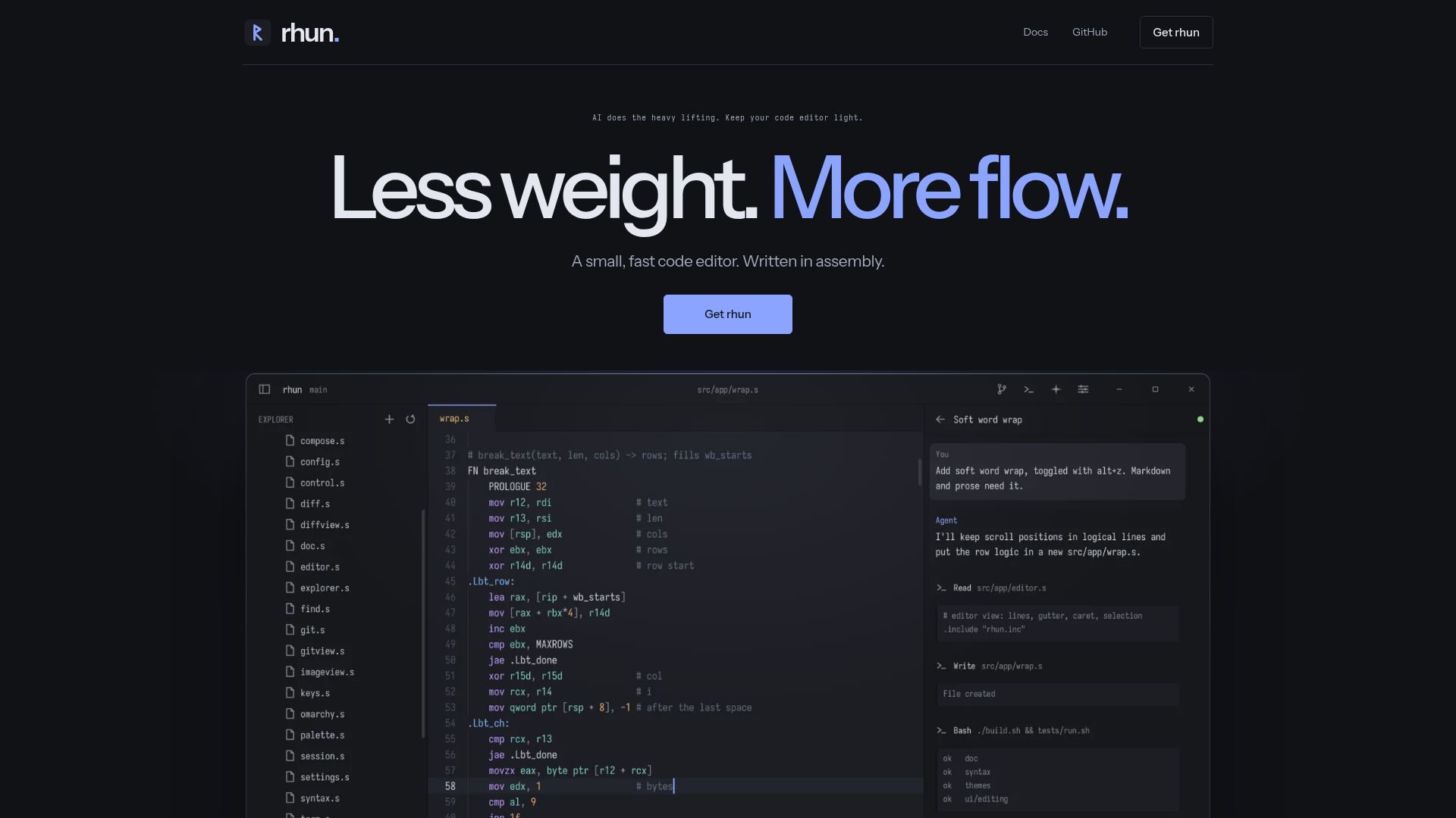 Screenshot of rhun.app: Show HN: Rhun, an open-source code editor written in assembly