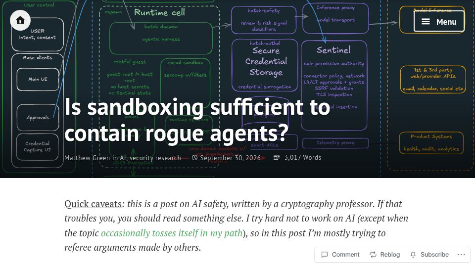 Screenshot of blog.cryptographyengineering.com: Is sandboxing sufficient to contain rogue agents?