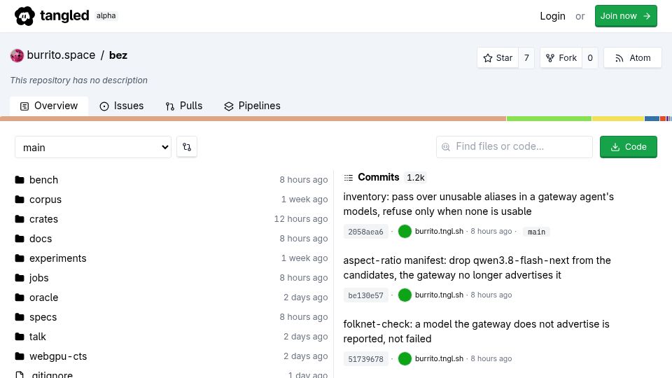 Screenshot of tangled.org: Bez: Generating a browser engine from specs and tests