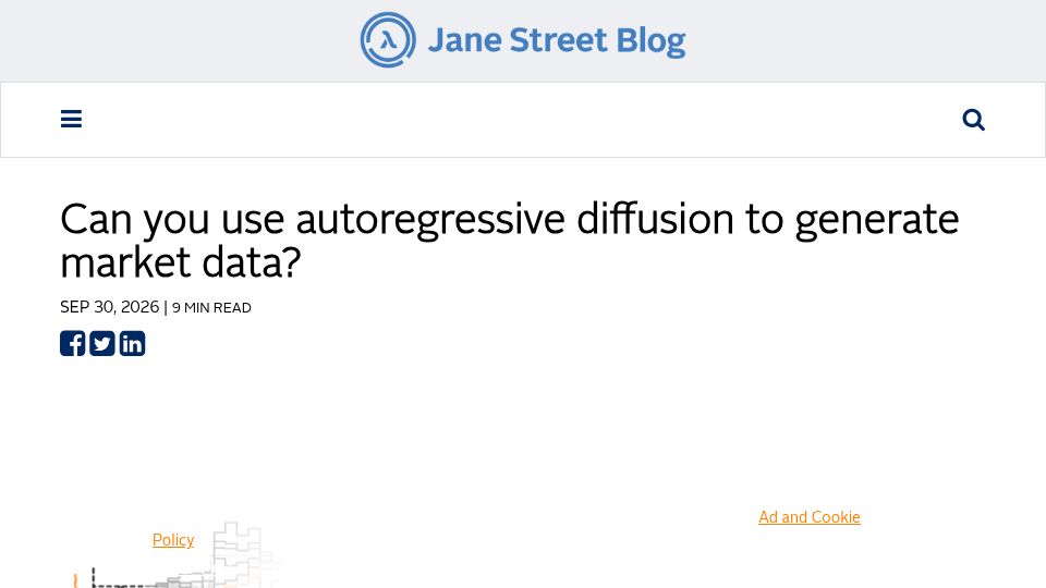 Screenshot of blog.janestreet.com: Can you use autoregressive diffusion to generate market data?