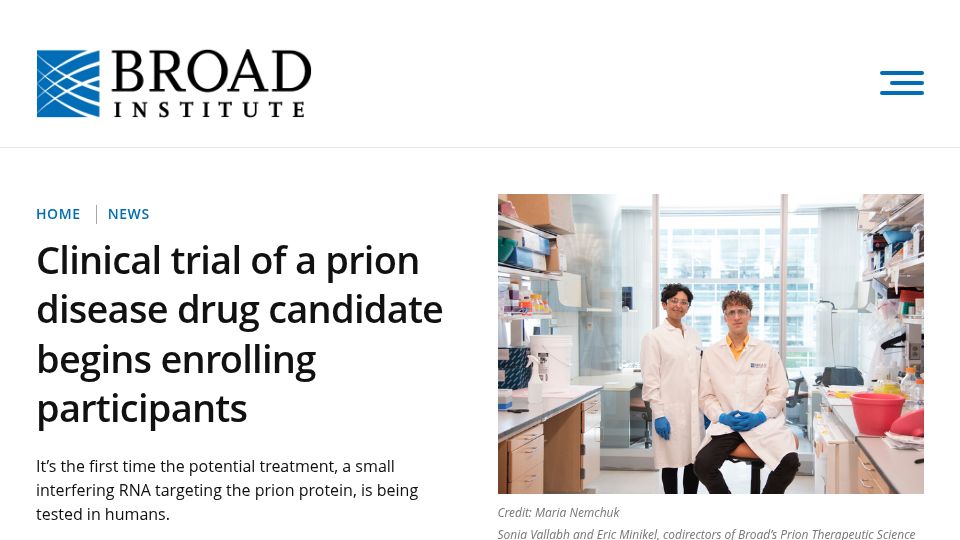 Screenshot of broadinstitute.org: Clinical trial of a prion disease drug candidate begins enrolling participants