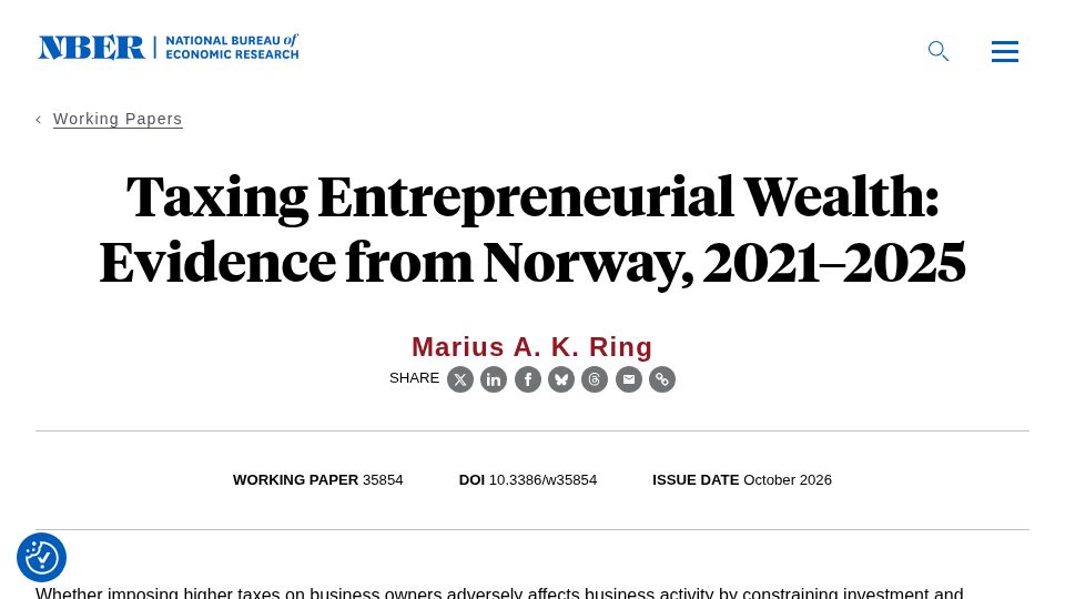 Screenshot of nber.org: Taxing Entrepreneurial Wealth: Evidence from Norway, 2021–2025