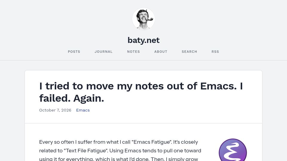 Screenshot of baty.net: I tried to move my notes out of Emacs. I failed. Again