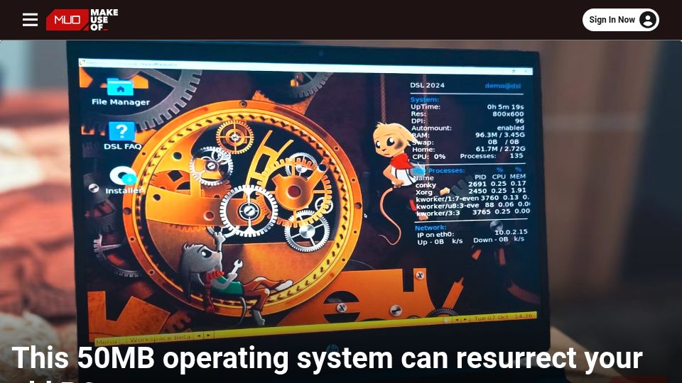 Screenshot of makeuseof.com: 50MB operating system can resurrect your old PC
