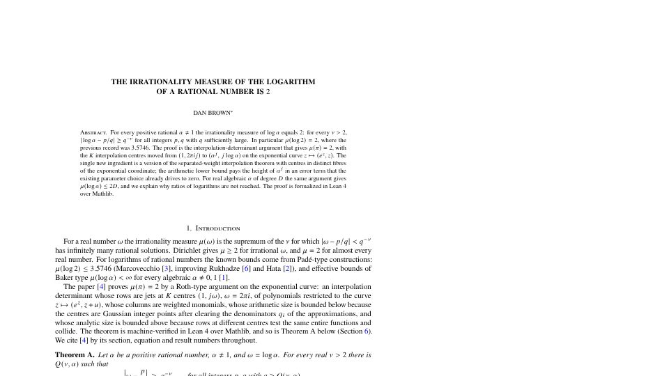 Screenshot of jdb19937.github.io: The logarithms of rational numbers have irrationality exponent 2 [pdf]
