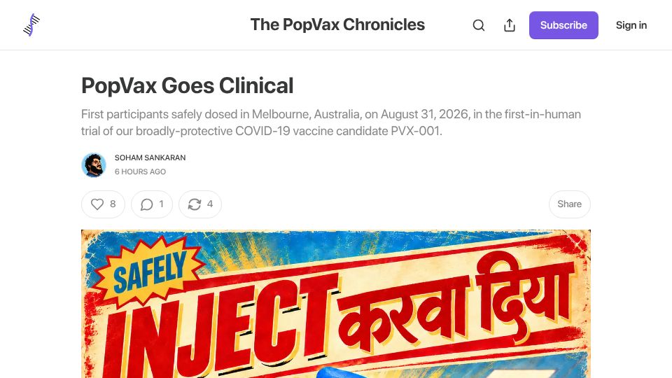 Screenshot of chronicles.popvax.com: PVX-001: open-source Covid-19 vaccine starts Phase 1 trial