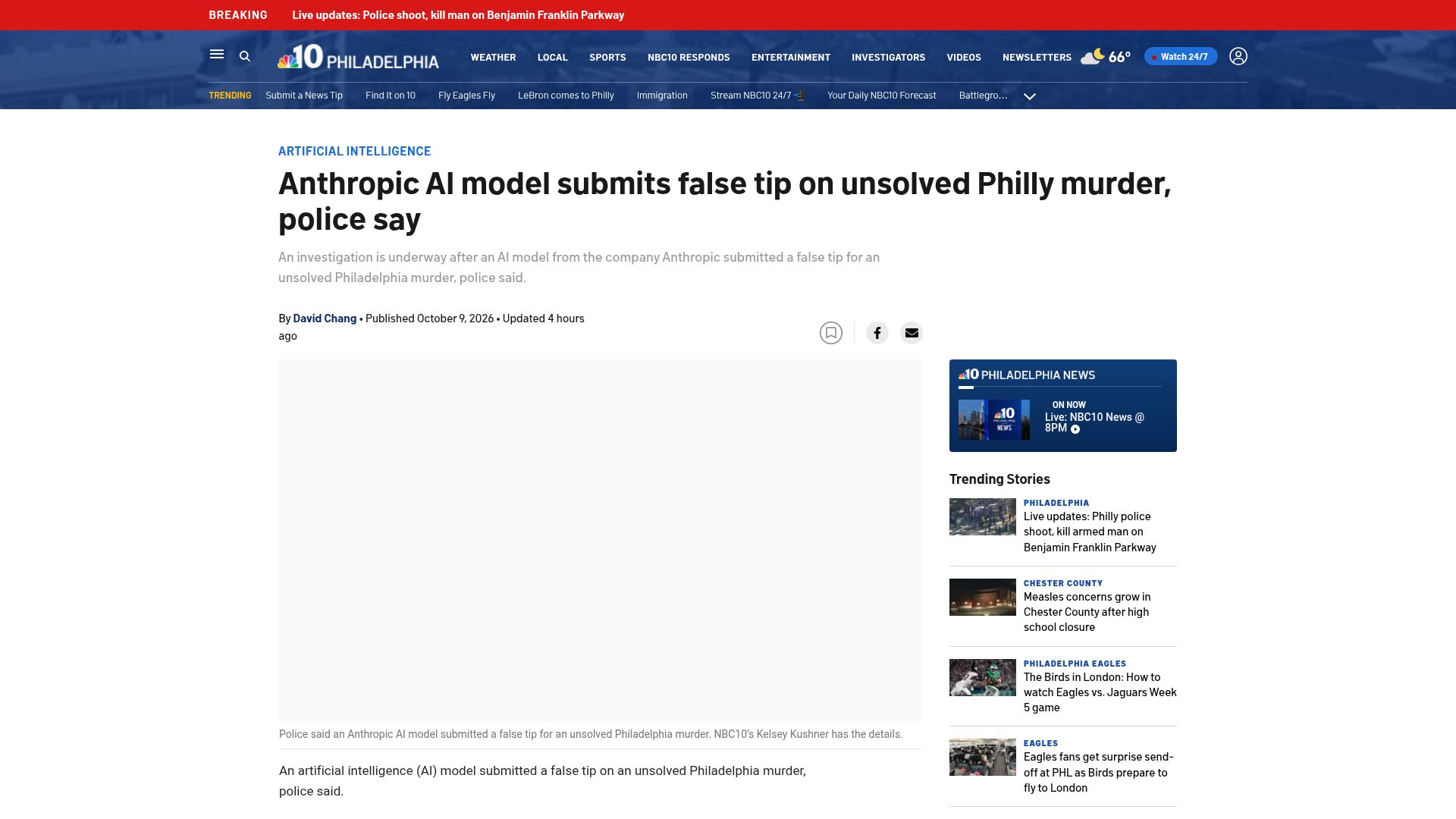 Screenshot of nbcphiladelphia.com: Anthropic AI model submits false tip on unsolved Philly murder