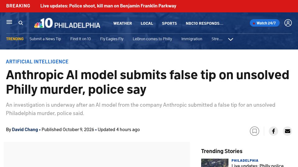 Screenshot of nbcphiladelphia.com: Anthropic AI model submits false tip on unsolved Philly murder