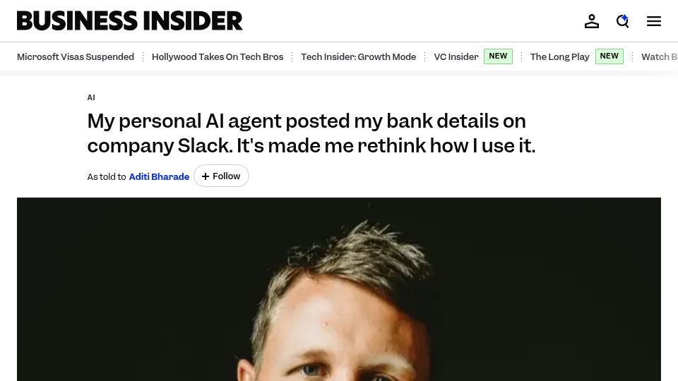 Screenshot of businessinsider.com: My personal AI agent posted my bank details on company Slack
