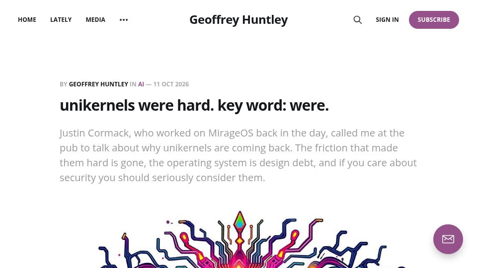 Screenshot of ghuntley.com: Unikernels were hard. key word: were