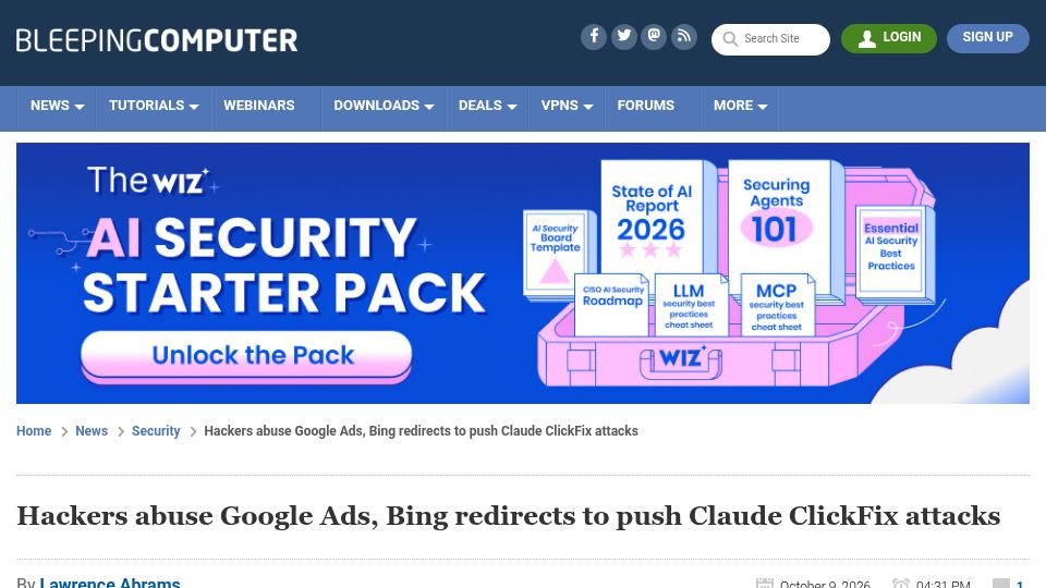 Screenshot of bleepingcomputer.com: Hackers abuse Google Ads, Bing redirects to push Claude ClickFix attacks