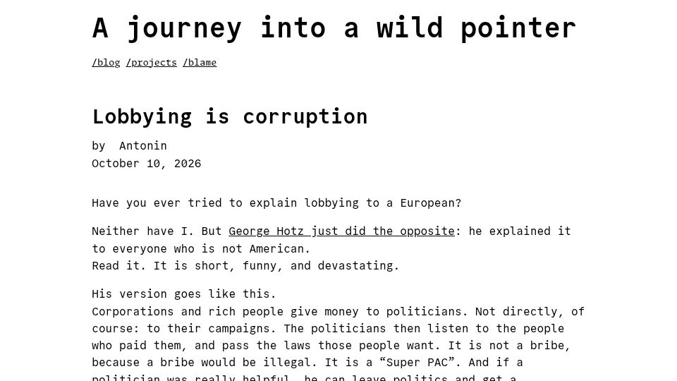 Screenshot of carette.xyz: Lobbying Is Corruption