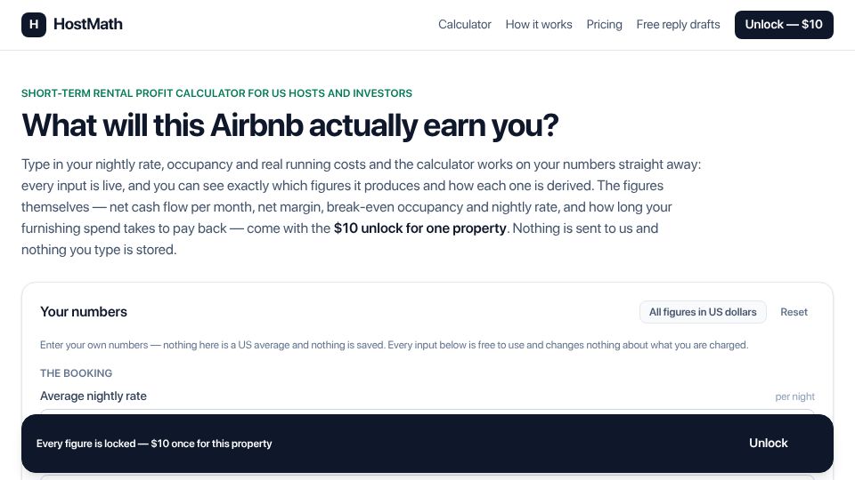 Screenshot of hosttmath.ctonew.app: HostMath – Airbnb profit calculator with break-even occupancy and payback