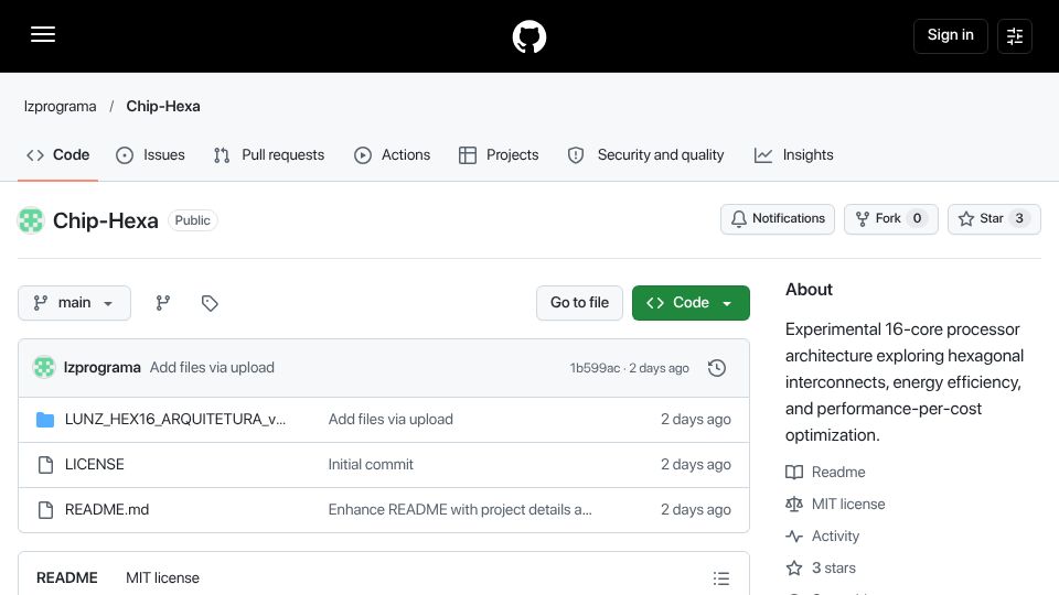 Screenshot of github.com: Chip-hex:cost-benefit, energy efficiency and hexagonal