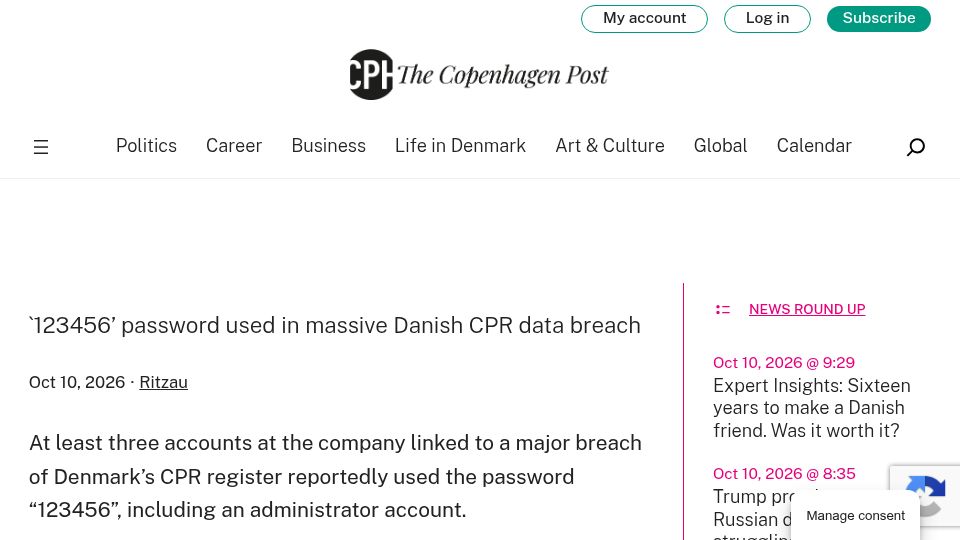 Screenshot of cphpost.dk: `123456' password used in Danish CPR data breach