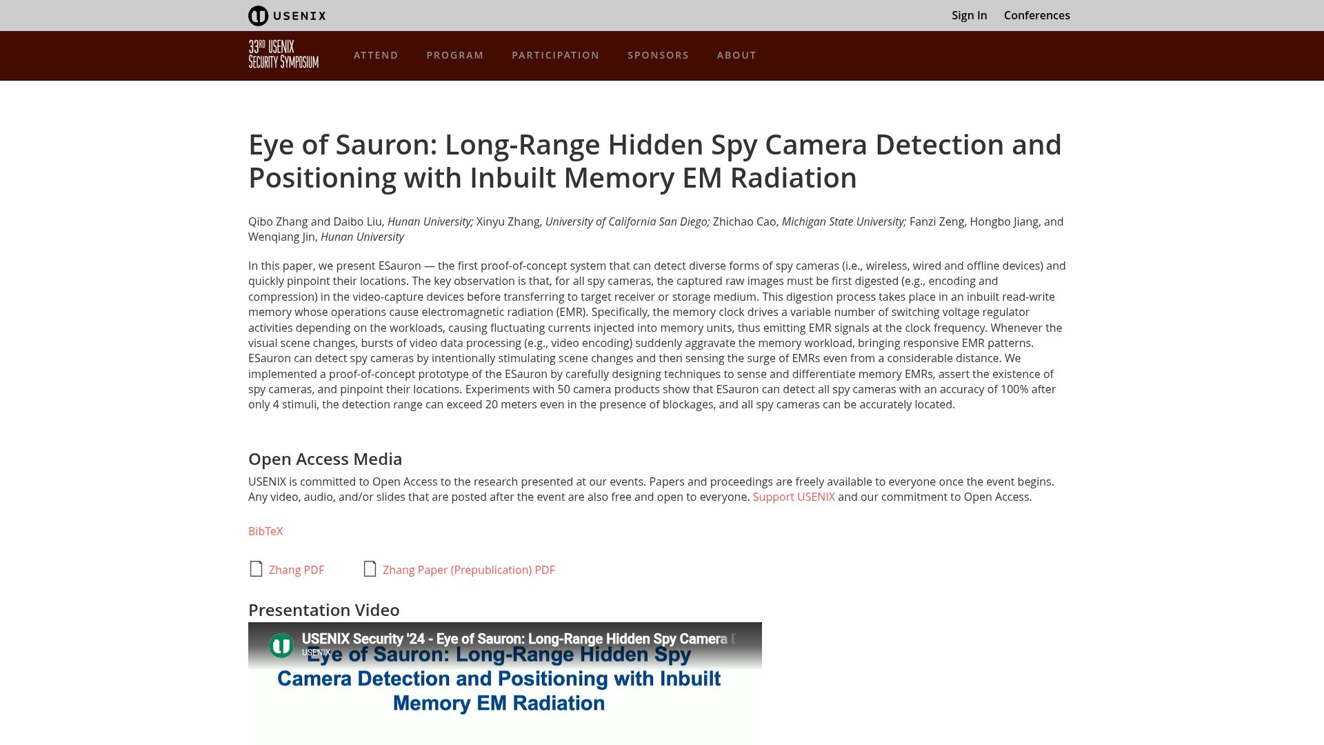 Screenshot of usenix.org: Eye of Sauron: Long-Range Hidden Spy Camera Detection (2024)