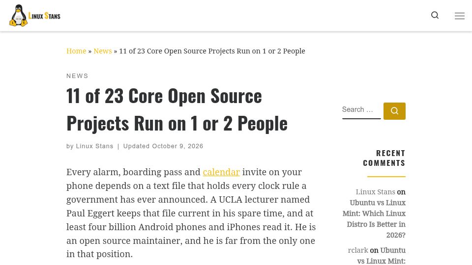 Screenshot of linuxstans.com: 11 of 23 Core Open Source Projects Run on 1 or 2 People