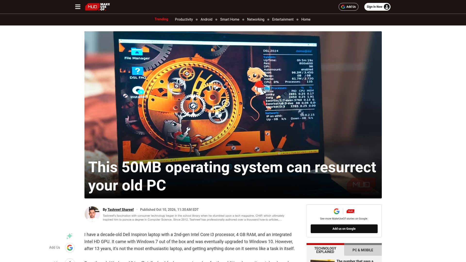 Screenshot of makeuseof.com: 50MB operating system can resurrect your old PC