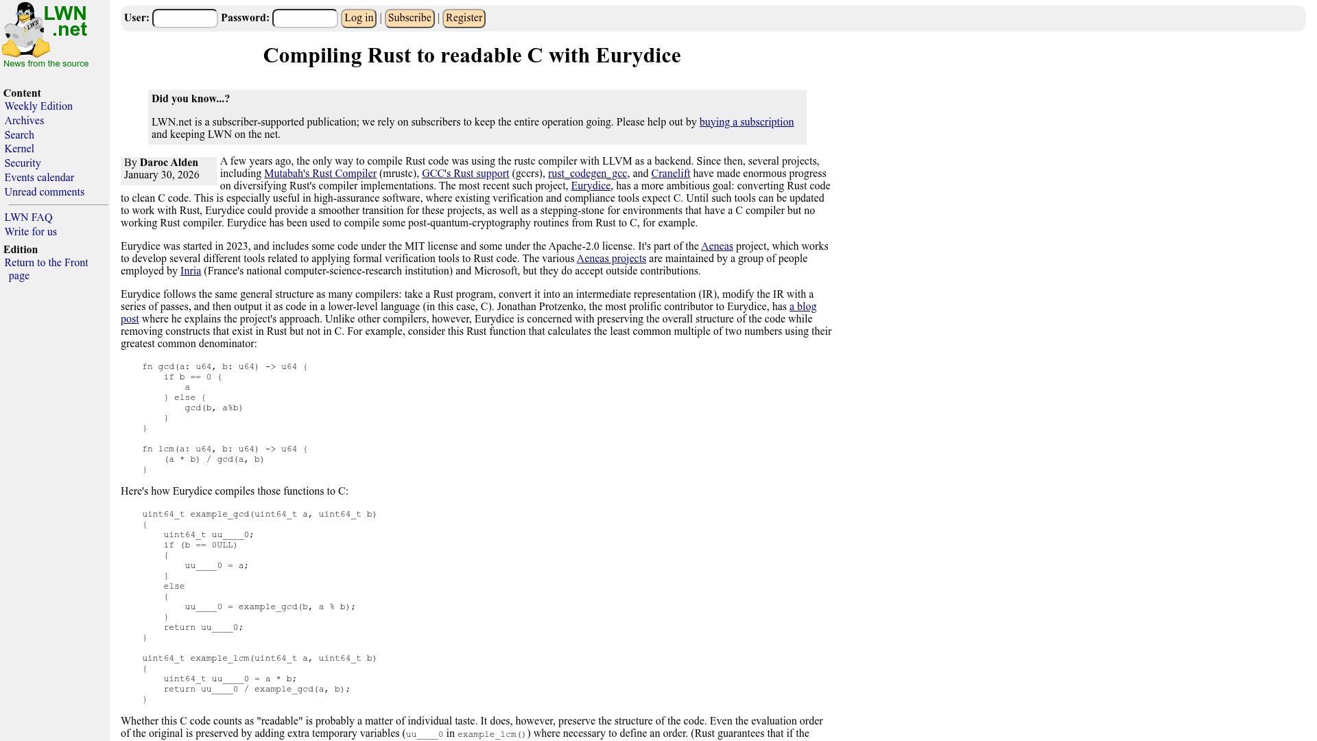 Screenshot of lwn.net: Compiling Rust to readable C with Eurydice