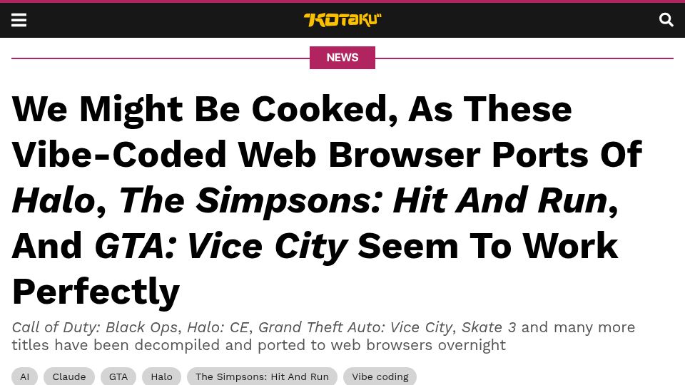 Screenshot of kotaku.com: Vibe coded browser ports of Halo, The Simpsons: Hit And Run, GTA work well