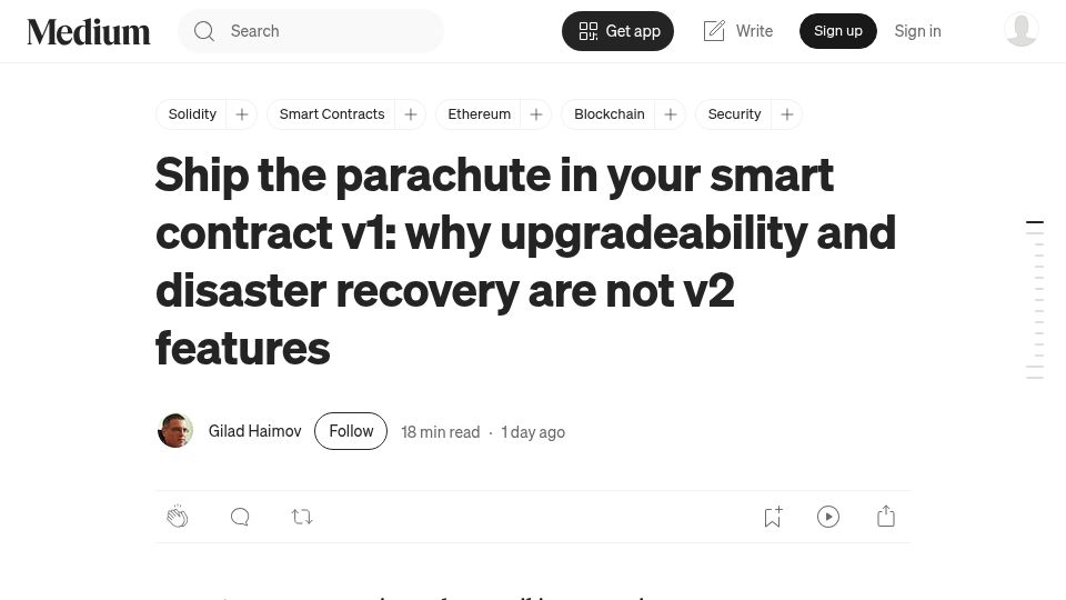 Screenshot of medium.com: Smart contracts: Ship the parachute in v1