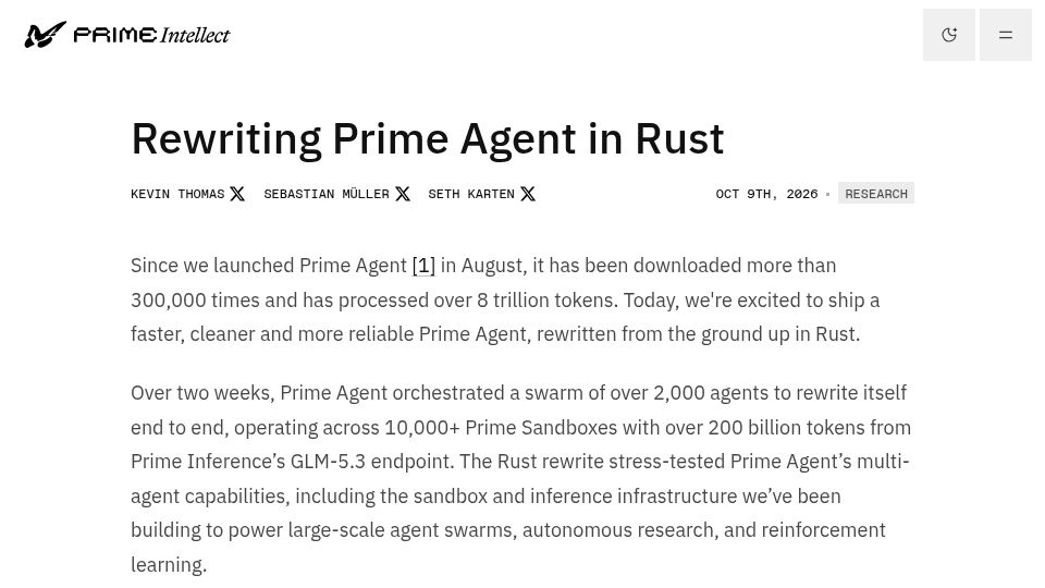 Screenshot of primeintellect.ai: Rewriting Prime Agent in Rust