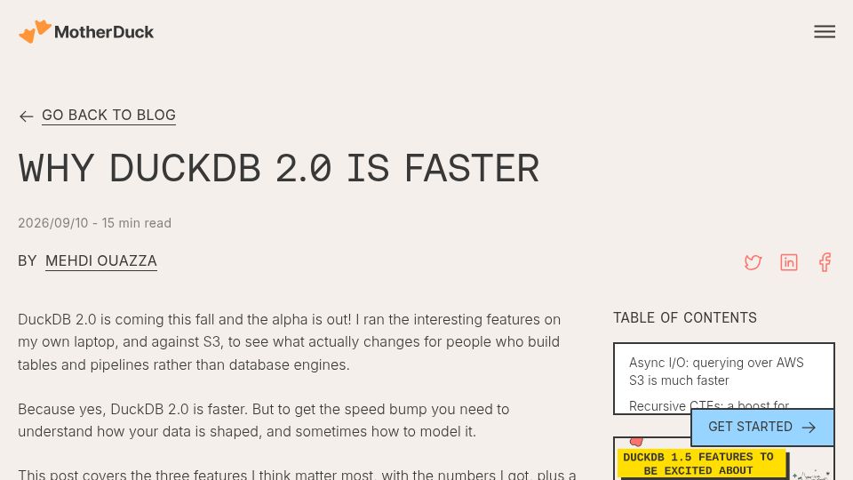 Screenshot of motherduck.com: Why DuckDB 2.0 is faster