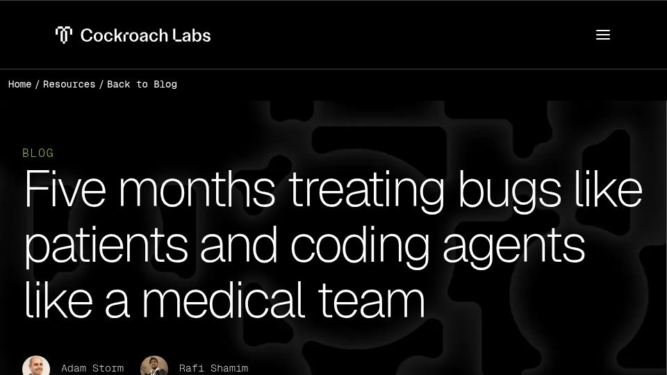 Screenshot of cockroachlabs.com: Five months treating bugs like patients and coding agents like a medical team