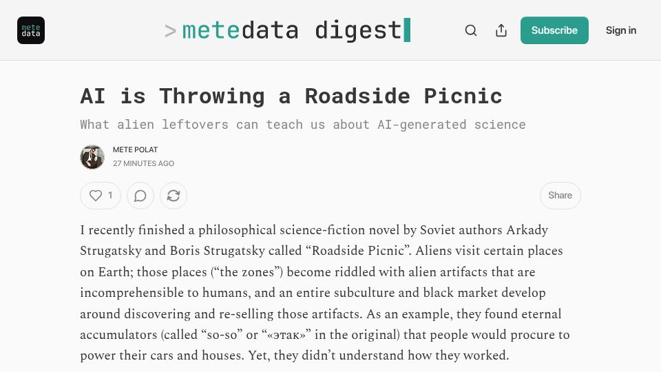 Screenshot of metedata.substack.com: AI Is Throwing a Roadside Picnic