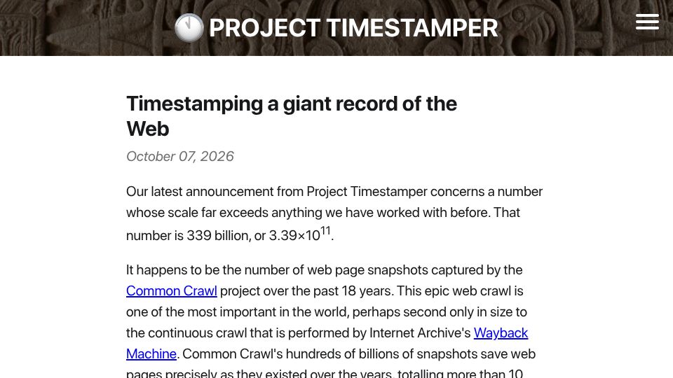 Screenshot of projecttimestamper.org: Timestamping a Giant Record of the Web