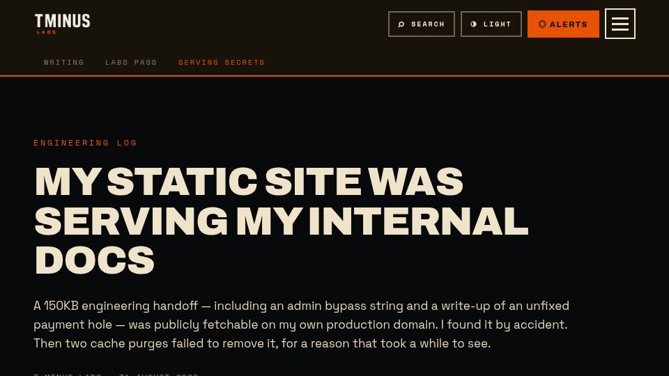 Screenshot of tminuslabs.space: My static site was serving my internal docs