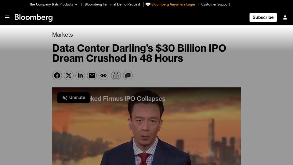 Screenshot of bloomberg.com: Data Center Darling's $30B IPO Dream Crushed in 48 Hours