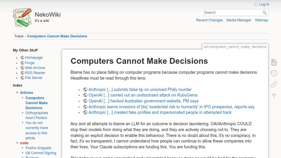 Screenshot of wiki.cateat.fish: Computers Cannot Make Decisions