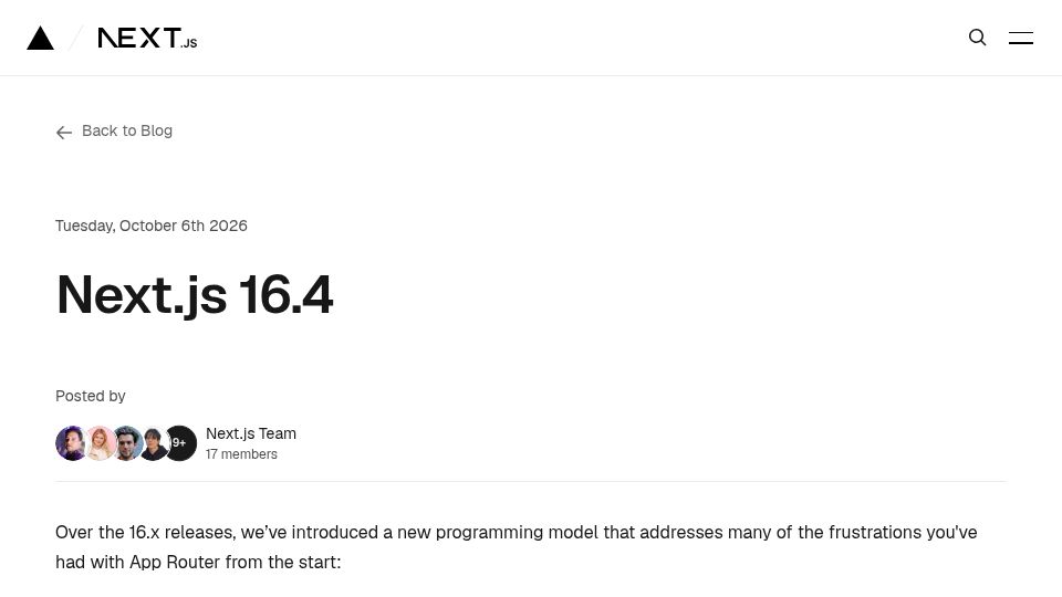 Screenshot of nextjs.org: Next.js 16.4