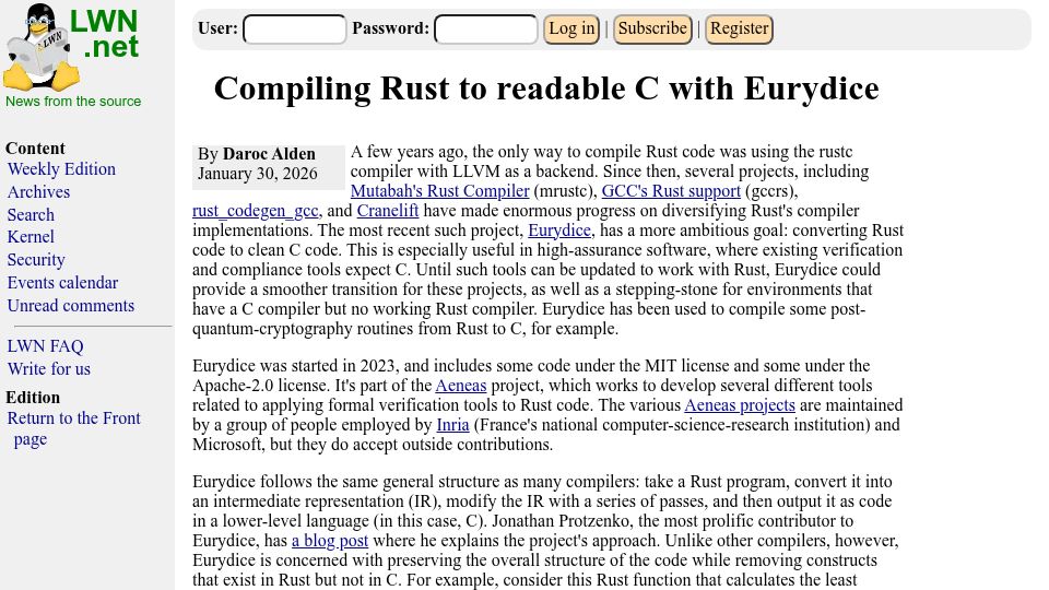 Screenshot of lwn.net: Compiling Rust to readable C with Eurydice