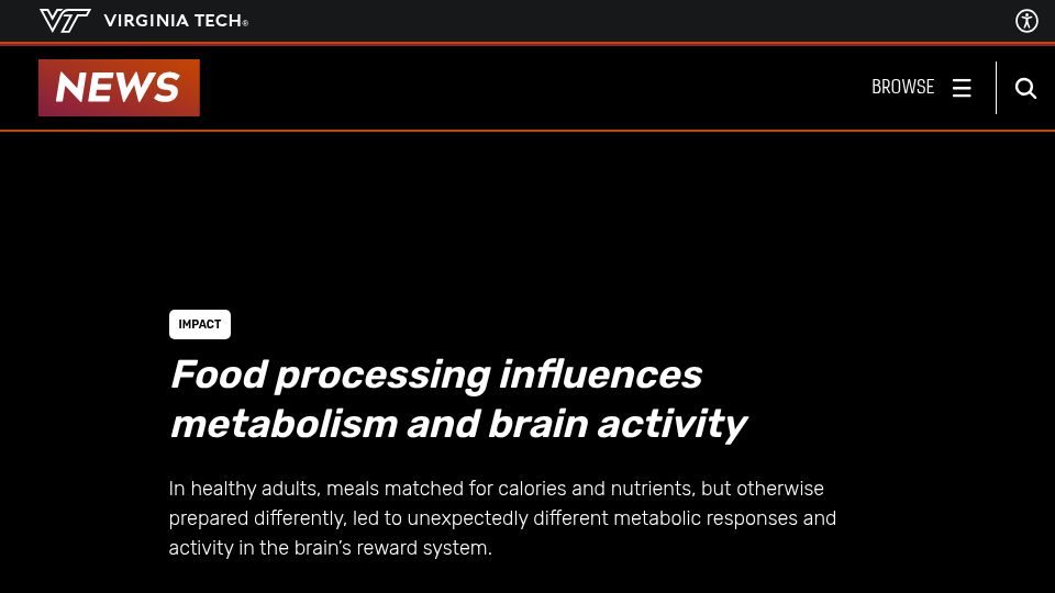 Screenshot of news.vt.edu: Food processing influences metabolism and brain activity
