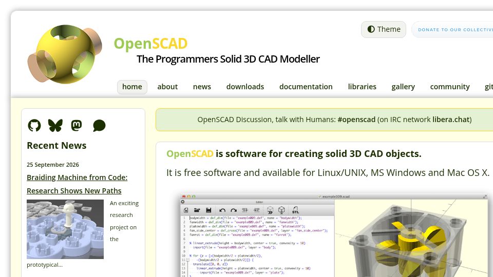 Screenshot of openscad.org: OpenSCAD the Programmers Solid 3D CAD Modeller