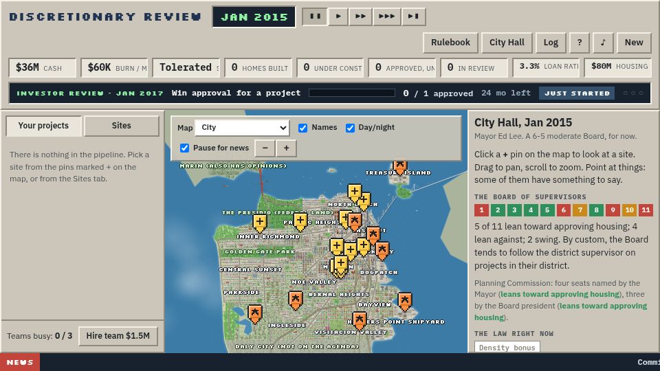 Screenshot of housing.over.pizza: A city-building game in which the city would prefer you didn't