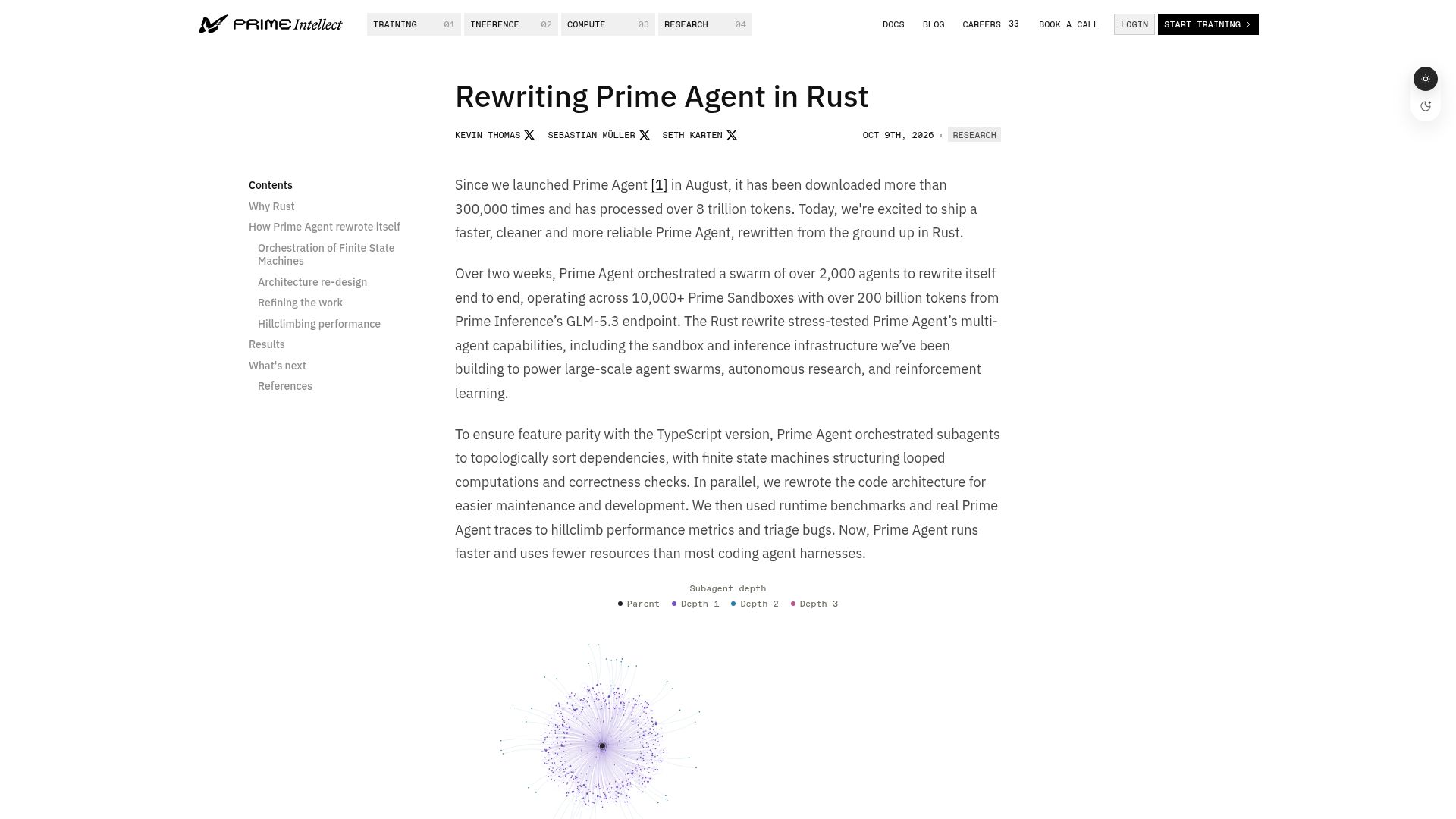 Screenshot of primeintellect.ai: Rewriting Prime Agent in Rust