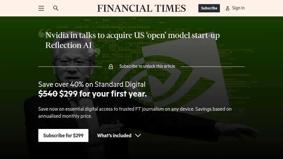 Screenshot of ft.com: Nvidia in talks to acquire US 'open' model startup Reflection AI