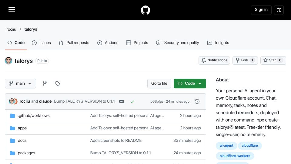 Screenshot of github.com: Talorys – A self-hosted personal AI agent on Cloudflare's free tier