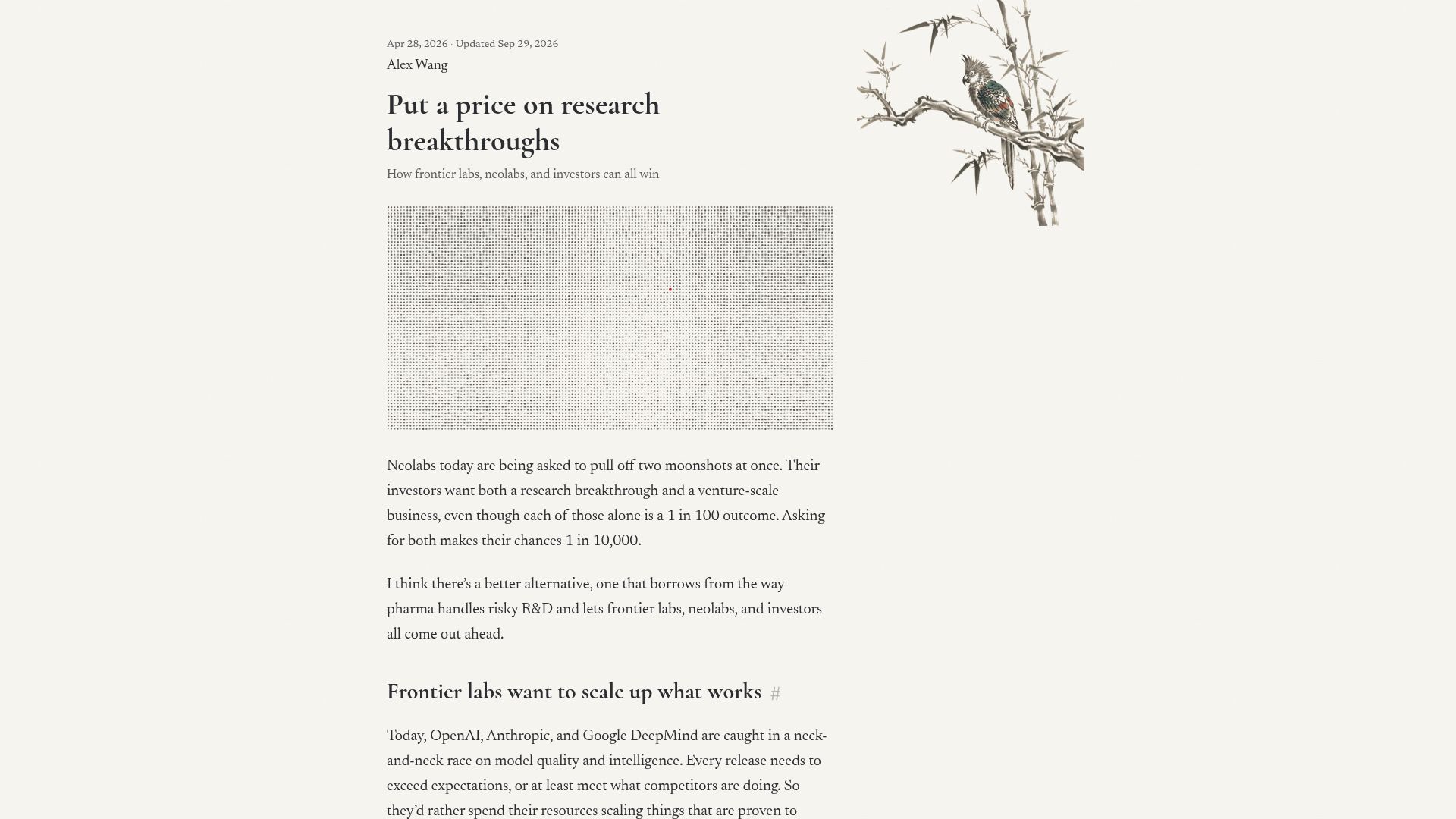 Screenshot of alexwang.ai: Put a price on breakthroughs