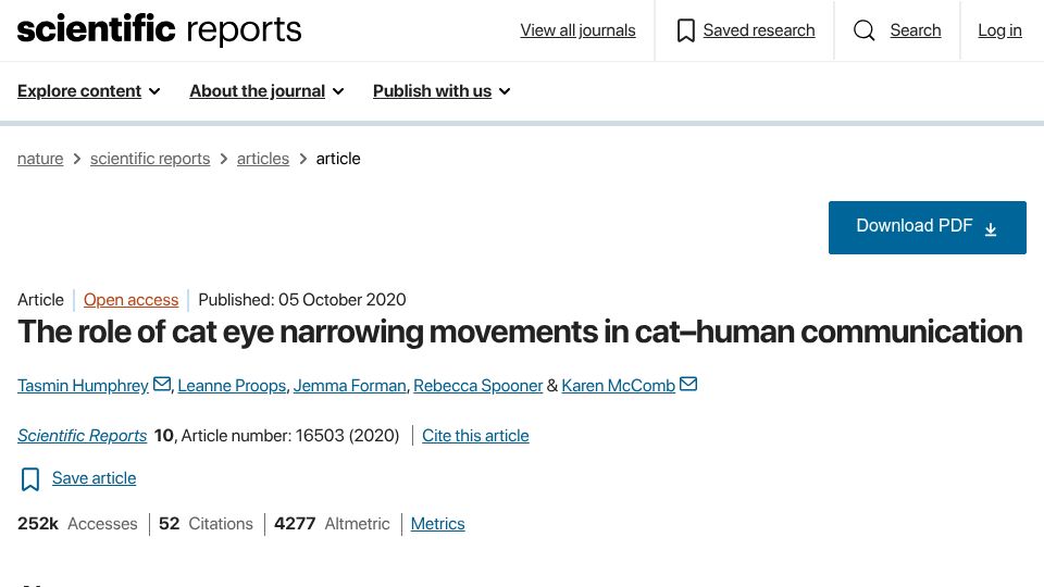Screenshot of nature.com: The role of cat eye narrowing movements in cat–human communication (2020)