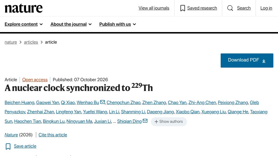 Screenshot of nature.com: A nuclear clock synchronized to 229Th